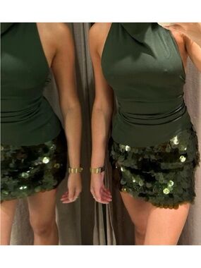 Zara Green Sequin Mini Skirt festival Christmas
